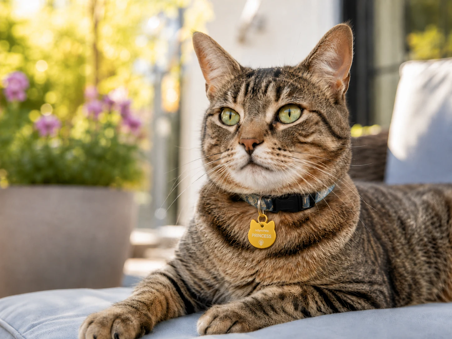 Tabby cat wearing a small rubber InSyncPets cat-shaped tag