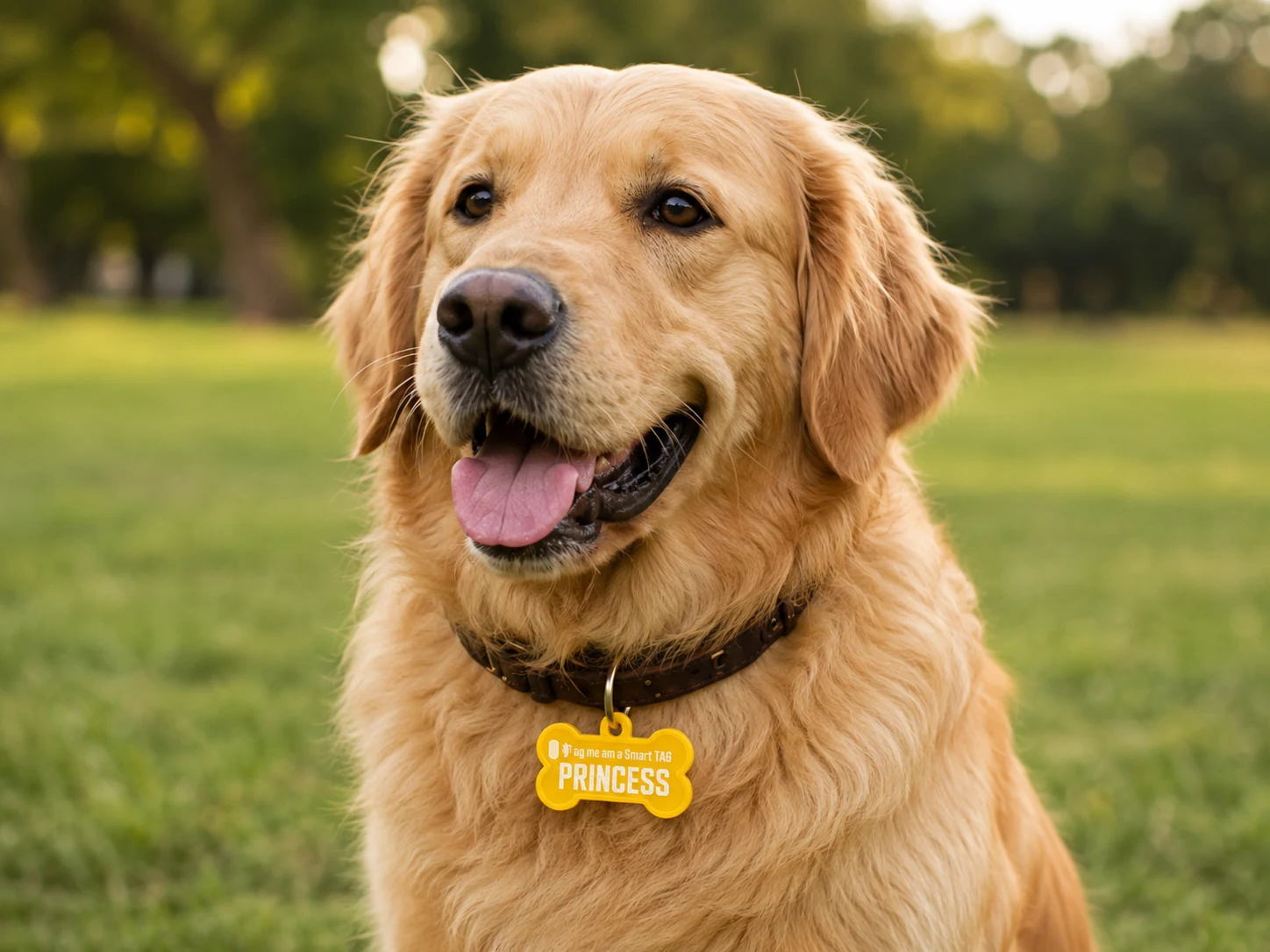 Golden retriever wearing a yellow Princess InSyncPets dog tag