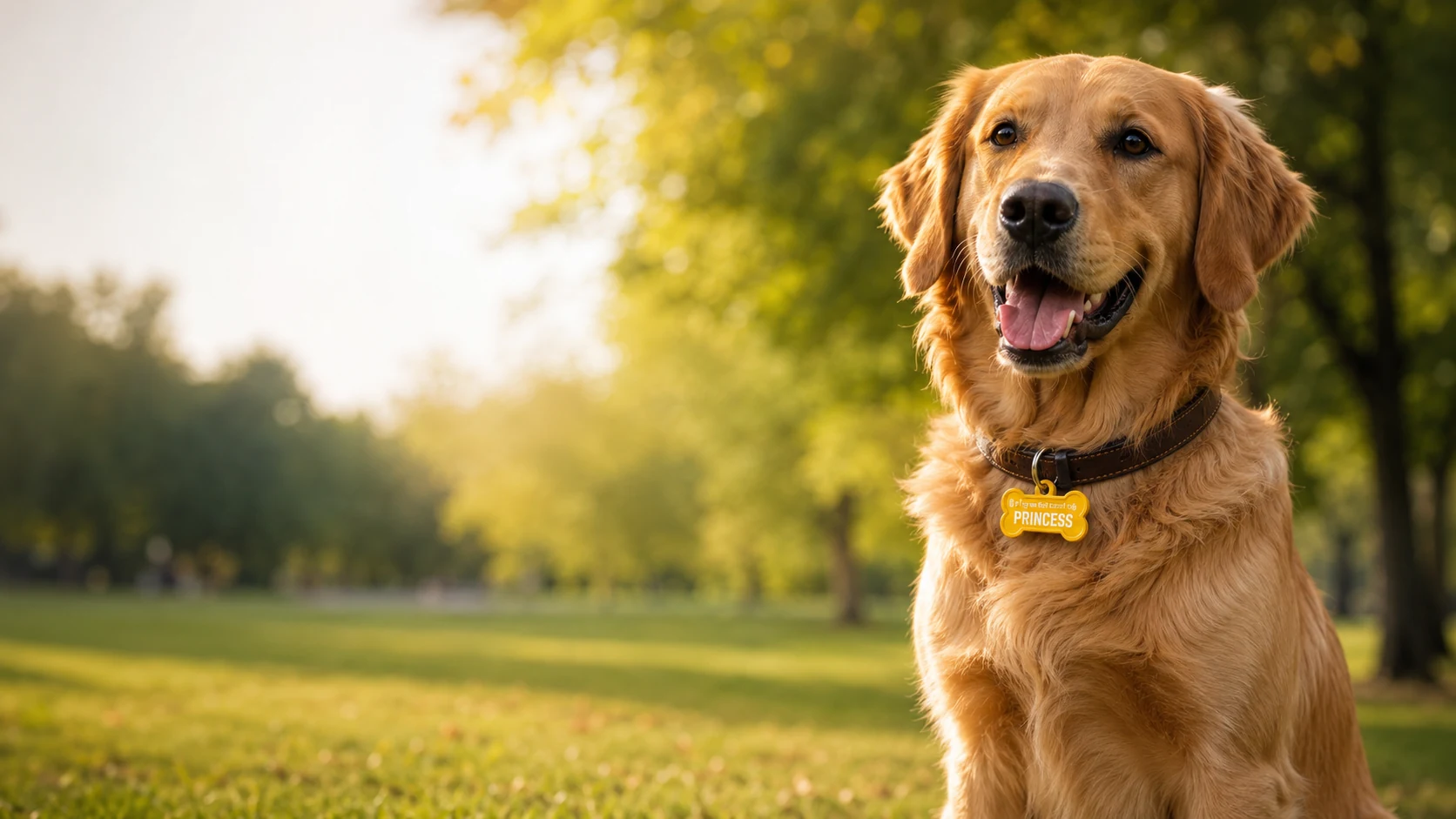 Golden retriever wearing an InSyncPets dog tag