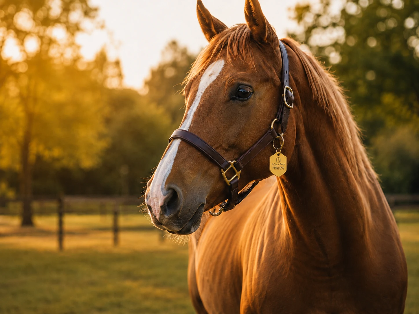 Chestnut horse wearing a small rubber InSyncPets equine tag on a halter