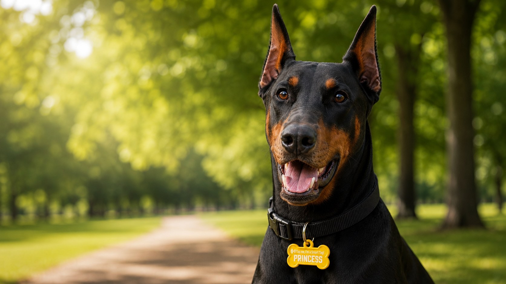 Doberman wearing a yellow Princess InSyncPets dog tag in a park
