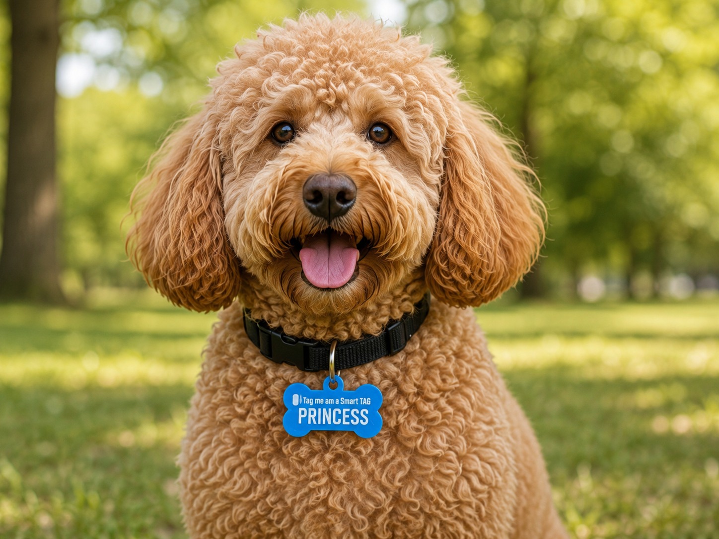 Dog wearing a blue Princess InSyncPets tag
